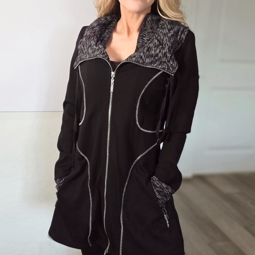 Dzhavael Couture Black Zip Front Jacket Tunic/Cowl Neck designed in France